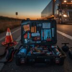 Comprehensive commercial truck roadside emergency toolkit with safety equipment and repair tools displayed on highway