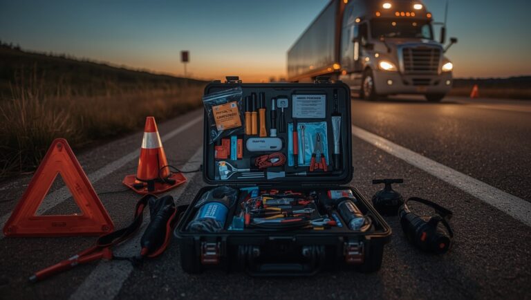 Comprehensive commercial truck roadside emergency toolkit with safety equipment and repair tools displayed on highway