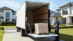 Professional delivery driver using hydraulic liftgate to safely lower palletized freight for residential delivery