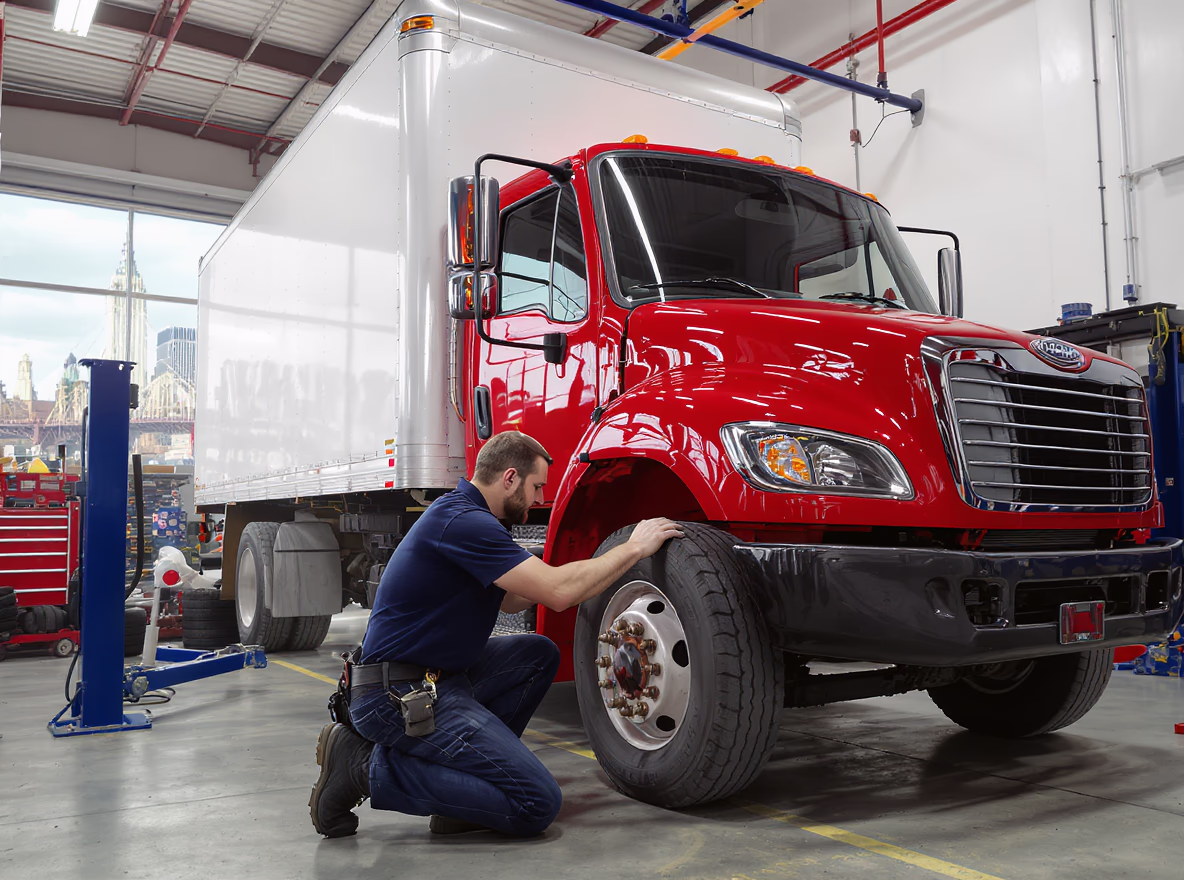 Mechanic inspecting the front tire of a red box truck in a NYC service center.