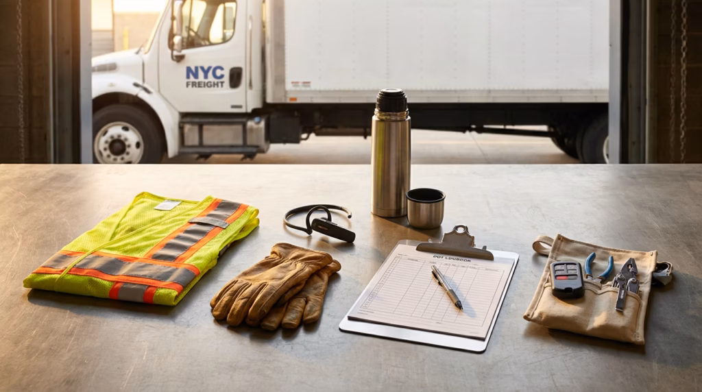 Essential trucker gear including safety vest, work gloves, thermos, clipboard, and tools laid out on a table with a New York City freight truck in the background.