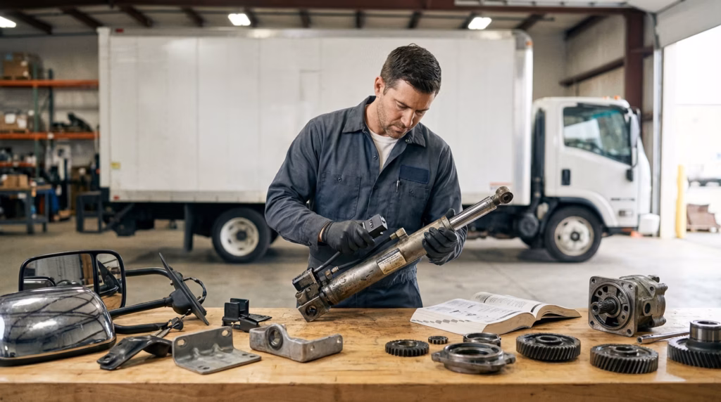 Mechanic inspecting used truck suspension part on a workbench inside a commercial truck maintenance garage.