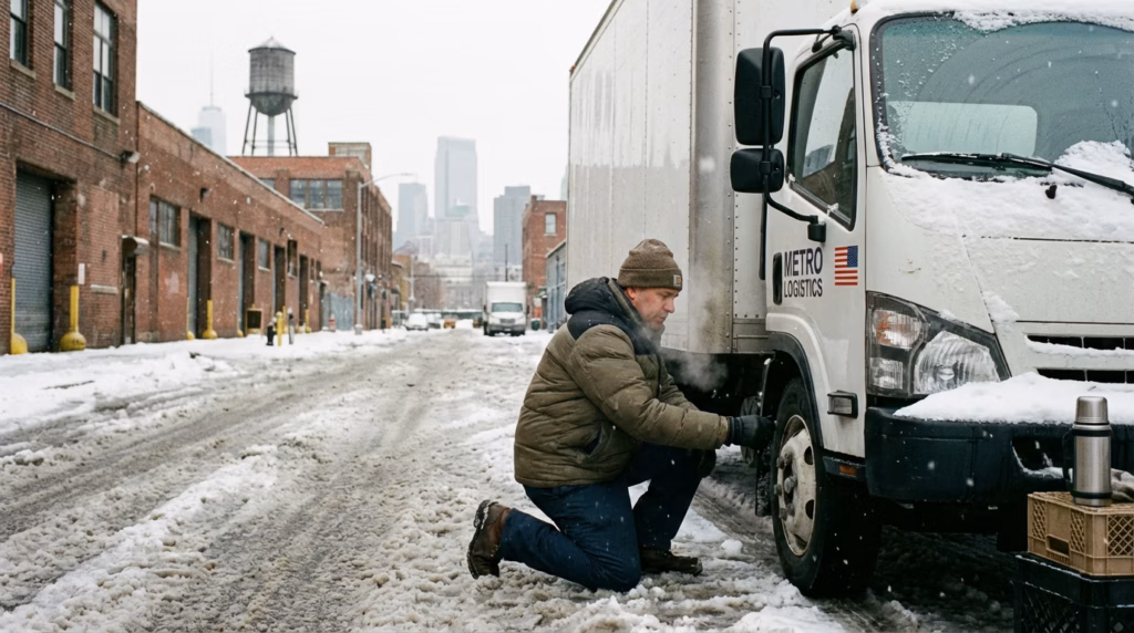 Truck driver checking tire pressure on a box truck during winter conditions on a snowy New York City street.