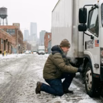 Truck driver checking tire pressure on a box truck during winter conditions on a snowy New York City street.