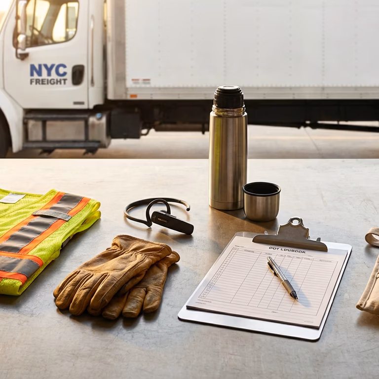 Essential trucker gear including safety vest, work gloves, thermos, clipboard, and tools laid out on a table with a New York City freight truck in the background.