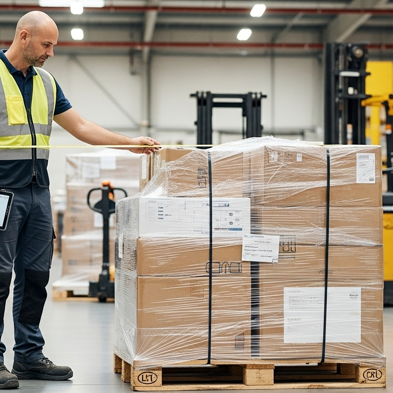 Warehouse professional measuring palletized LTL freight for accurate classification and density calculation3