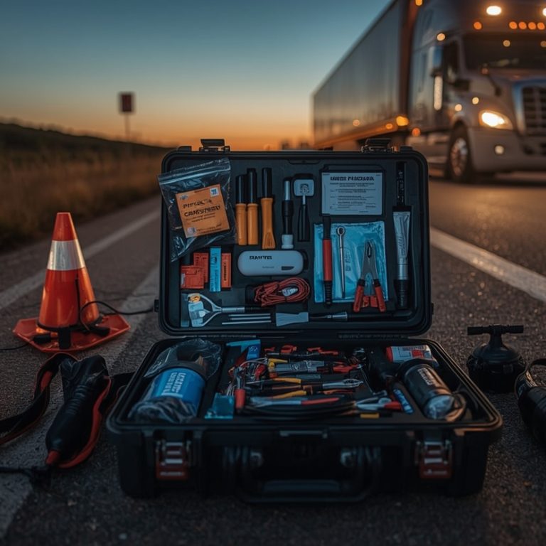 Comprehensive commercial truck roadside emergency toolkit with safety equipment and repair tools displayed on highway