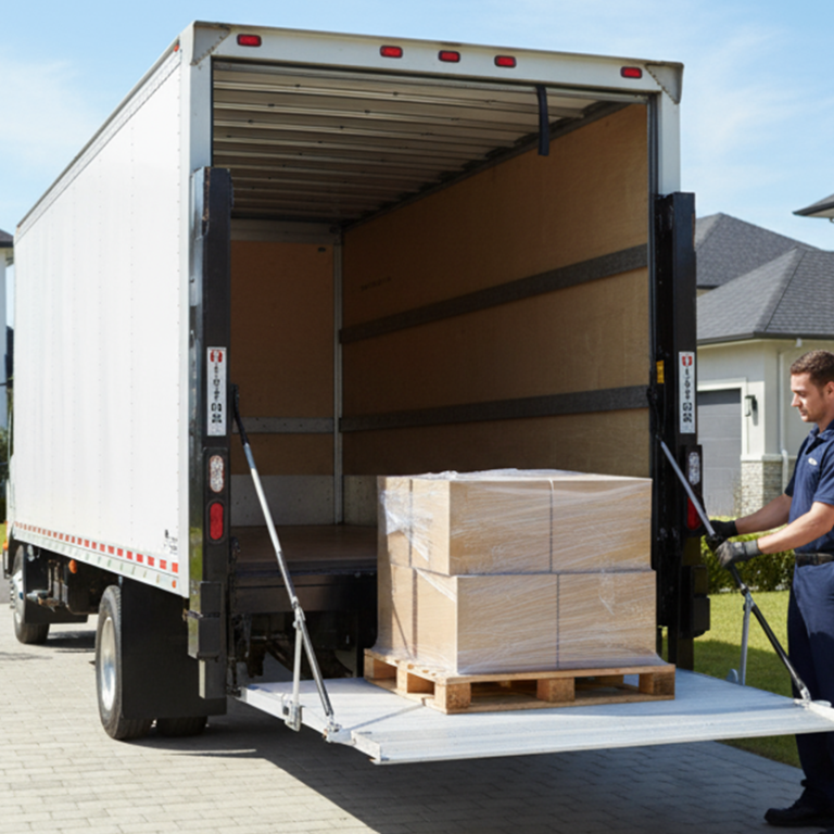 Professional delivery driver using hydraulic liftgate to safely lower palletized freight for residential delivery