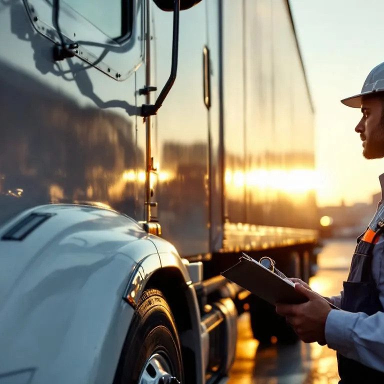 Professional driver performing DOT pre-trip inspection on medium-duty Freightliner truck with checklist