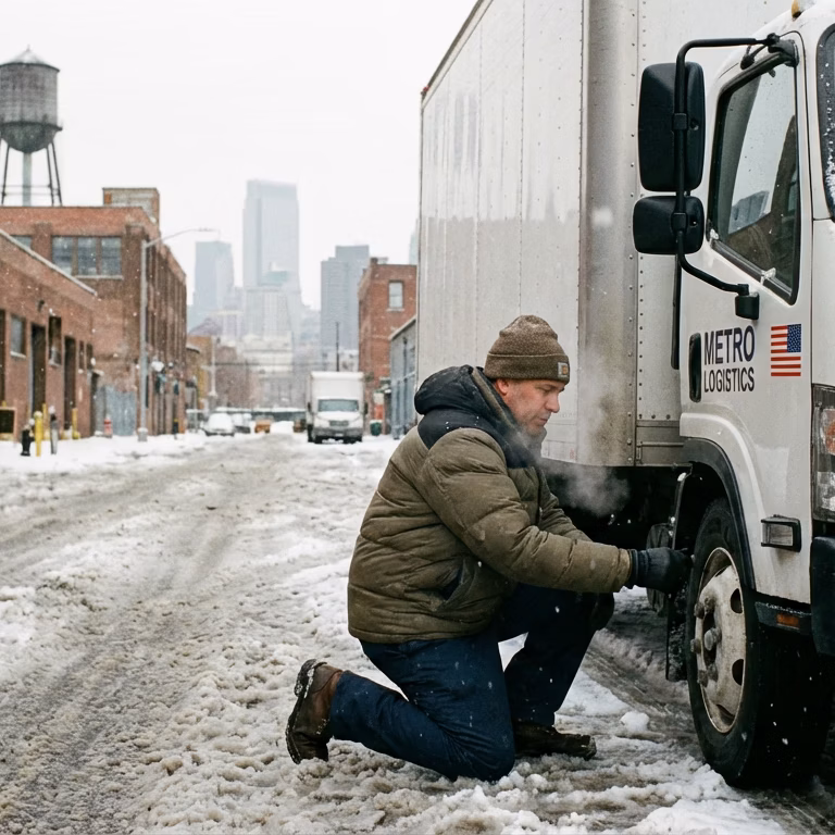 Truck driver checking tire pressure on a box truck during winter conditions on a snowy New York City street.